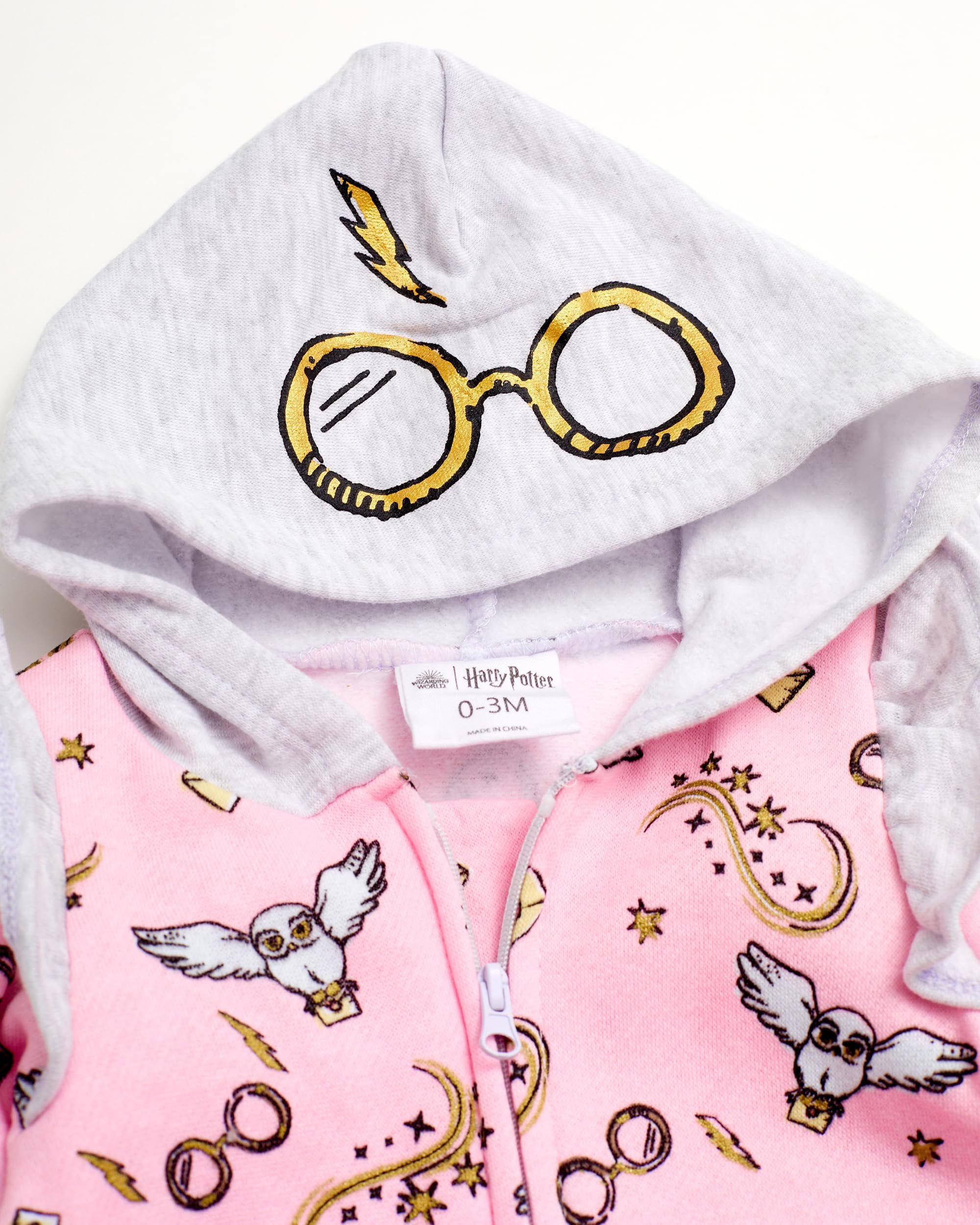 Harry Potter Baby Girls Hooded Bodysuit - Sweatshirt Fleece Zip Up One Piece Baby Clothes Pink/Grey, 6-9M