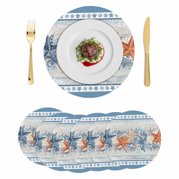 Blue Coastal Round 15 Inch Placemats Set of 6, Orange Starfish Coral Beach Nautical Vintage HeatResistant Non Slip Place Mats for Dining Table, Wipeable Braided Kitchen Table Mats for Housewarming