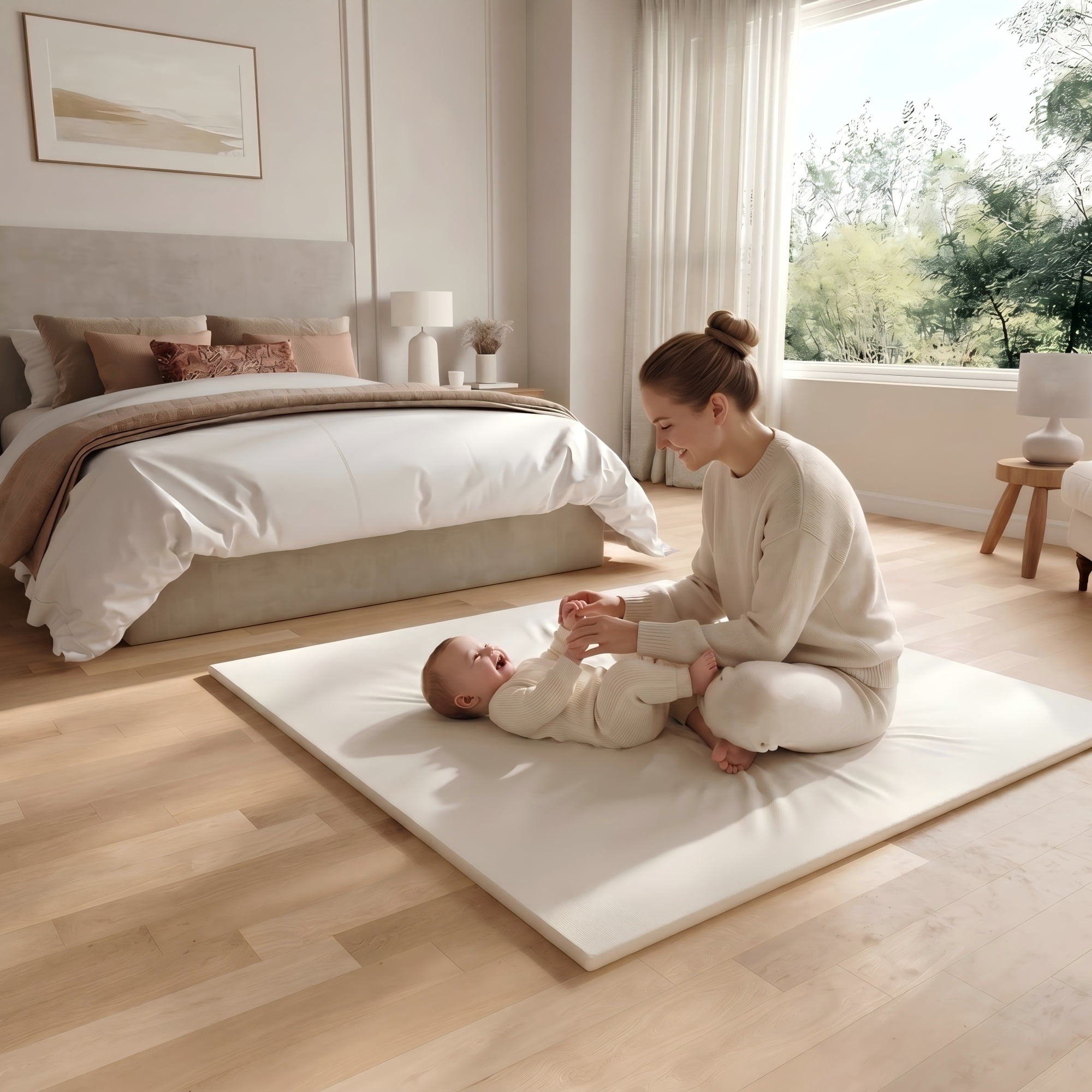 Baby Mat for Floor, Hypoallergenic Vegan Leather Cover Foam Play Mat for 50x50 Playpen, Easy to Wipe Clean & Waterproof, Thick Playmat for Infants and Toddlers