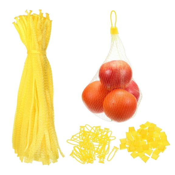 100 Pack Reusable Mesh Produce Bags, 35cm/14 Inch Washable Net Storage Bags Reusable Storage Bags with Plastic Buckle for Fresh Fruit Vegetables Seafood, Yellow