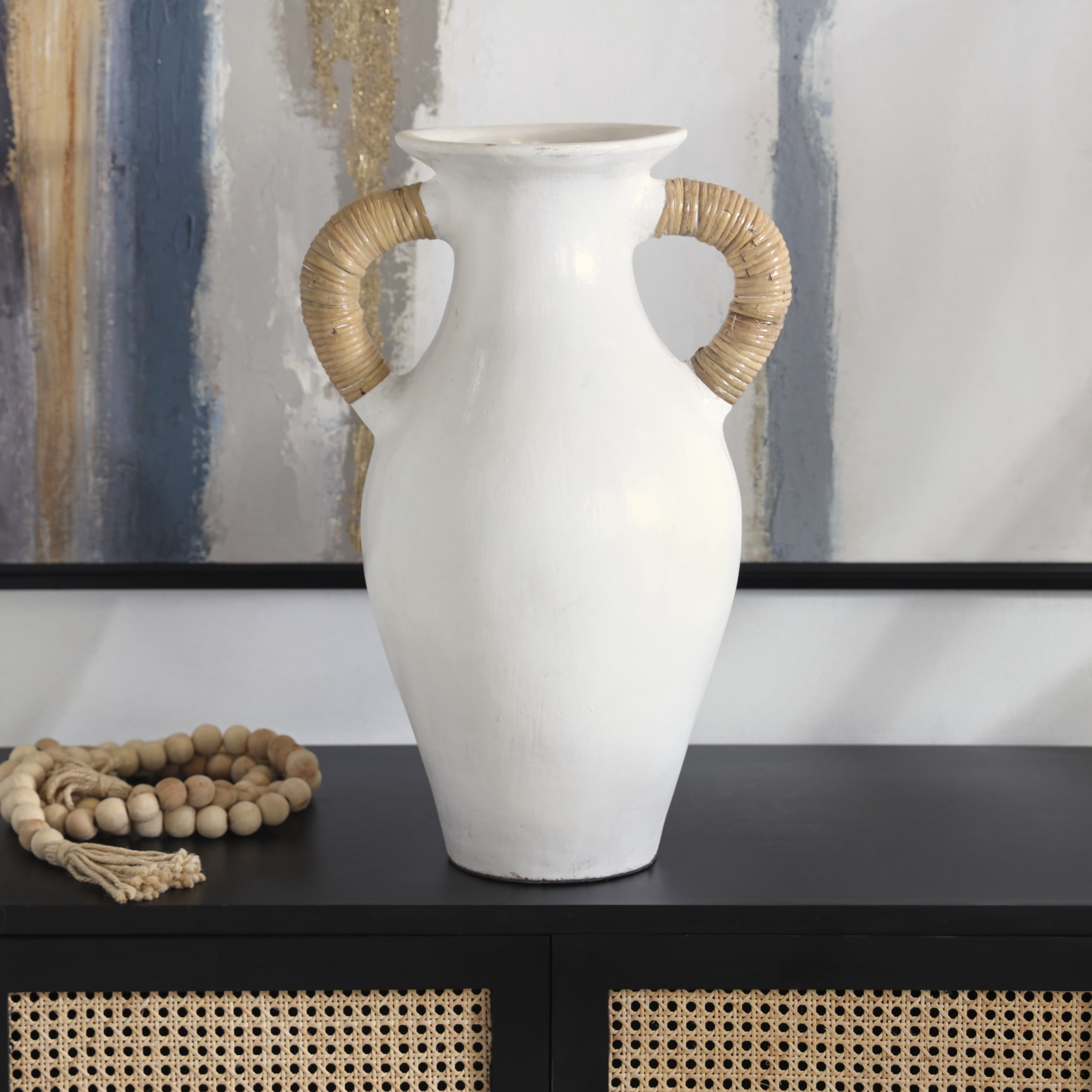 DecMode 21" Jug Inspired White Ceramic Vase with Rattan Wrapped Handles