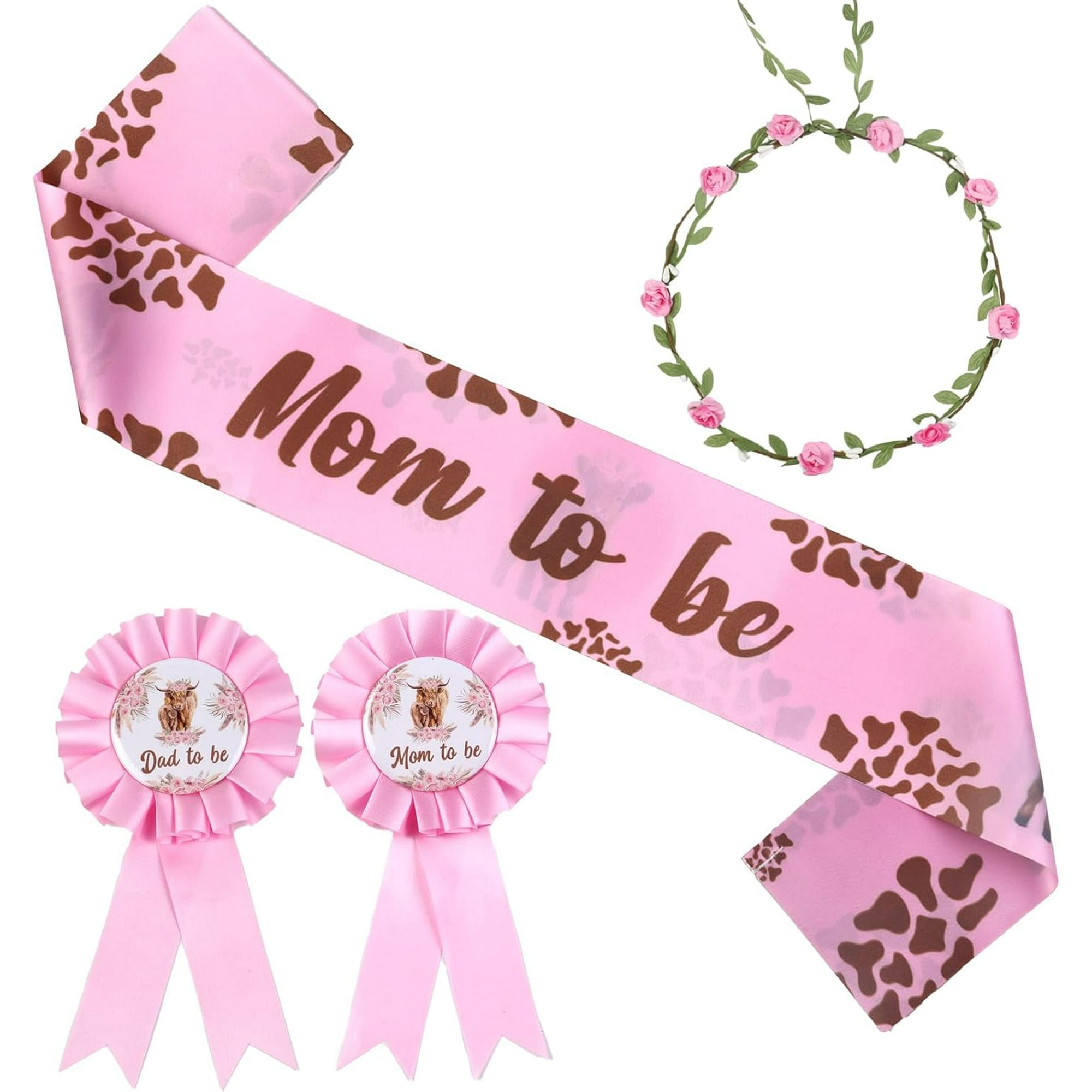 Highland Cow Baby Shower Decorations Girl, Pink Highland Cow Party Favors Include Mom Dad to Be Sash Pin Flower Crown Headband for Pink Highland Cow Gender Reveal Party Pregnancy Props
