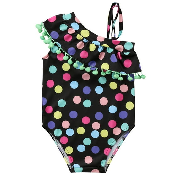 Little Girls Polka Dots One Shoulder Pom Pom Trims One-Piece Swimsuit (110/5-6 Years)