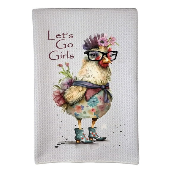 Chicken Let's Go Girls Fancy Chick Flowers Farm Animal 16"x24" Sublimation White Waffle Towel Trifolded 100% Polyester Highly Absorbent Kitchen Dish Towel Humorous Sarcastic Gift wwt-027