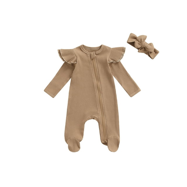 Xingqing Newborn Baby Girl Fall Clothes Solid Color Ribbed Long Sleeve Zip-Up Footed Romper + Headband Set