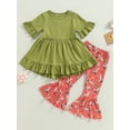 thumbnail image 2 of Pudcoco Ensemble Pantalon Long pour Tout-Petits Filles Été, Hauts à Manches Courtes Col Ras du Cou et Bottes Florales/pantalon Évasé à Imprimé Bétail, 2 of 9