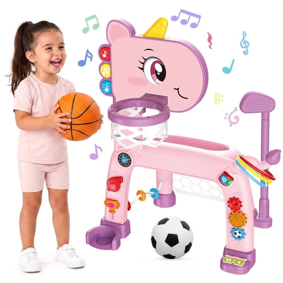 JoyStone Toddler Basketball Hoop, 4-in-1 Adjustable Basketball Goal with Music and Ring Toss, Kids Activity Center Gifts for Boys and Girls Ages 1-3, Pink