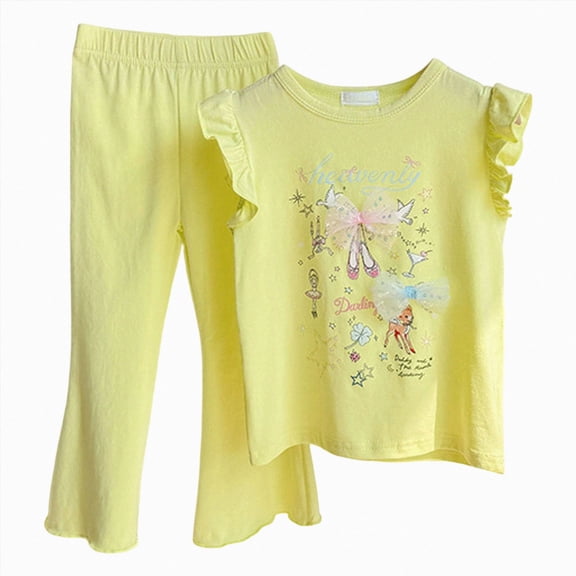 UAYOTSE Girls Summer Two Piece Set with Ruffled Sleeve Vest and Flared Pants Cartoon Print Breathable Cotton Childrens Clothing,Sizes 7-8 Years