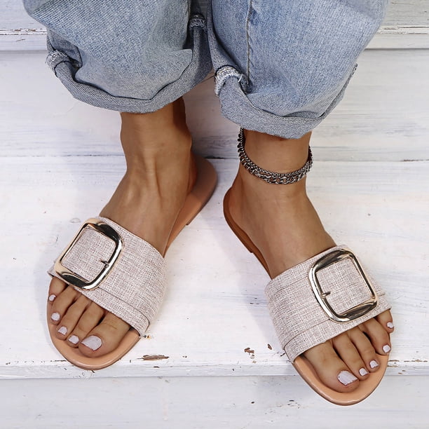 Sandalias de playa planas con hebilla decorativa y punta abierta para vacaciones informales para mujer Wmkox8yii ytu4800