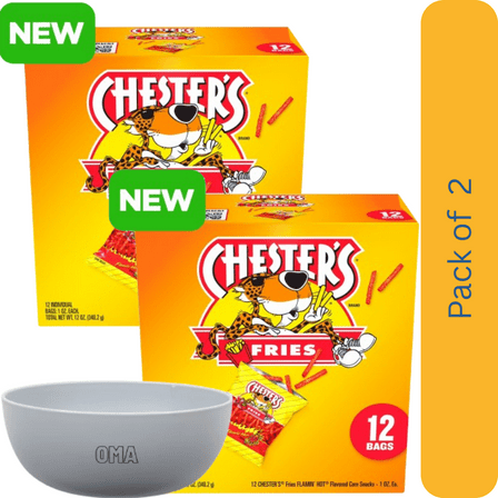 Chester’s Fries Flamin’ Hot Corn Snacks, 2 Pack (12 Count Each, 1 oz Bags) – with Bowl by OMA