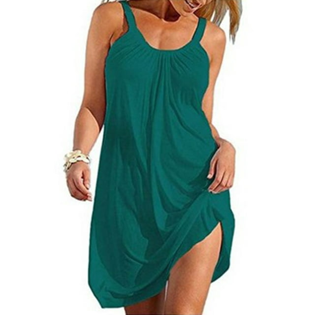 Robes pour Femmes Été Robe Débardeur Sans Manches Plissée Unie Robe T-Shirt Décontractée Robe Mini Ample Robe d'Été Plage Bikini Maillot de Bain Couverture