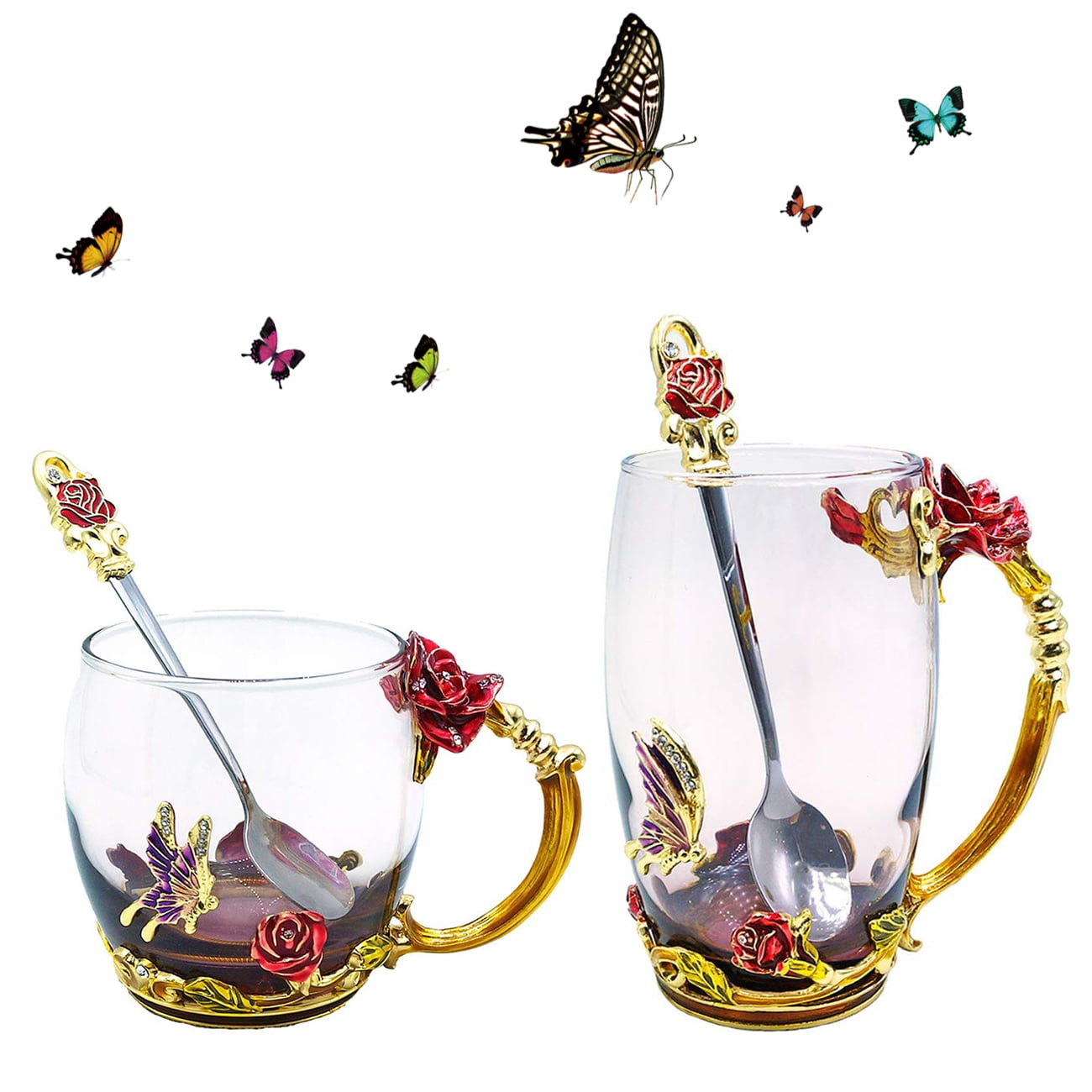 Tea Cup Glass Coffee Mugs Rose Flower Butterfly Drinking Cups with