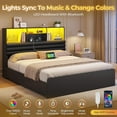 thumbnail image 5 of Queen Size Bed Frame with Bookcase Headboard and Hidden Storage, Modern Upholstered Bed Frame with 4 Drawers, Queen Bed with Charging Station and LED Lights, Strong Metal Slats, Black, 5 of 8