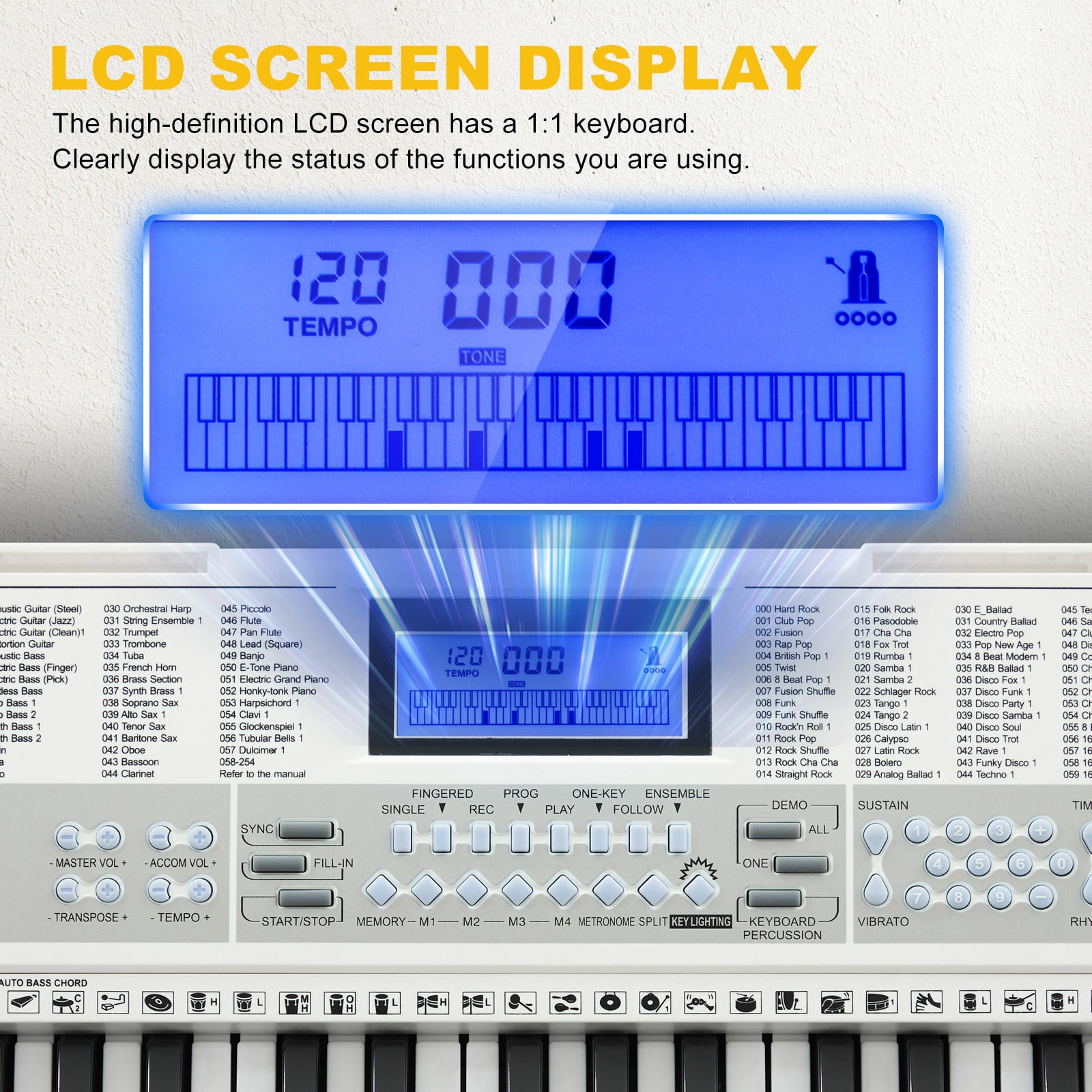 Mustar 61 Key Electric Lighted Keyboard Piano with 255 Tones/Rhythms, Smart Learning System, Headphone, Microphone, Keyboard Stand, Stool, Stickers (White)