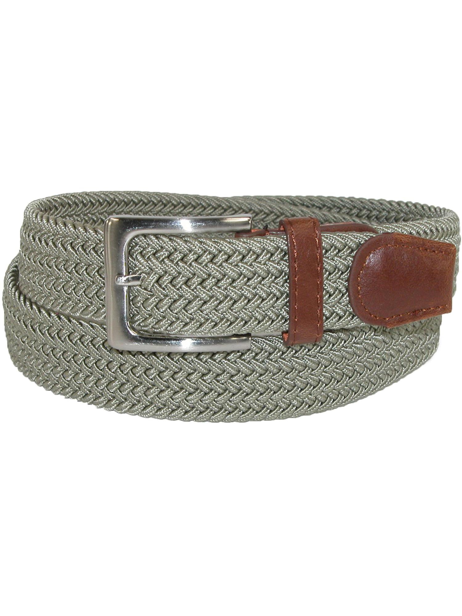 Men's Belt Elastic Stretch Waistband Woven Design Leather Tip Silver Buckle NEW