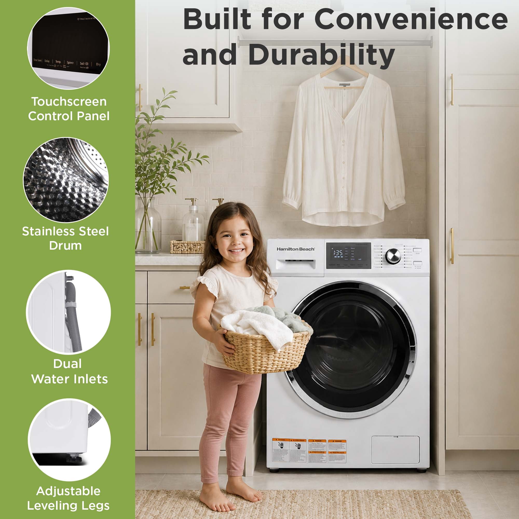 Hamilton Beach 2.7 Cu. ft. Front Loading Washer and Dryer, All-In-One Washer-Dryer Combo with 12+ Wash Programs, 800 RPM Spin Speed, White