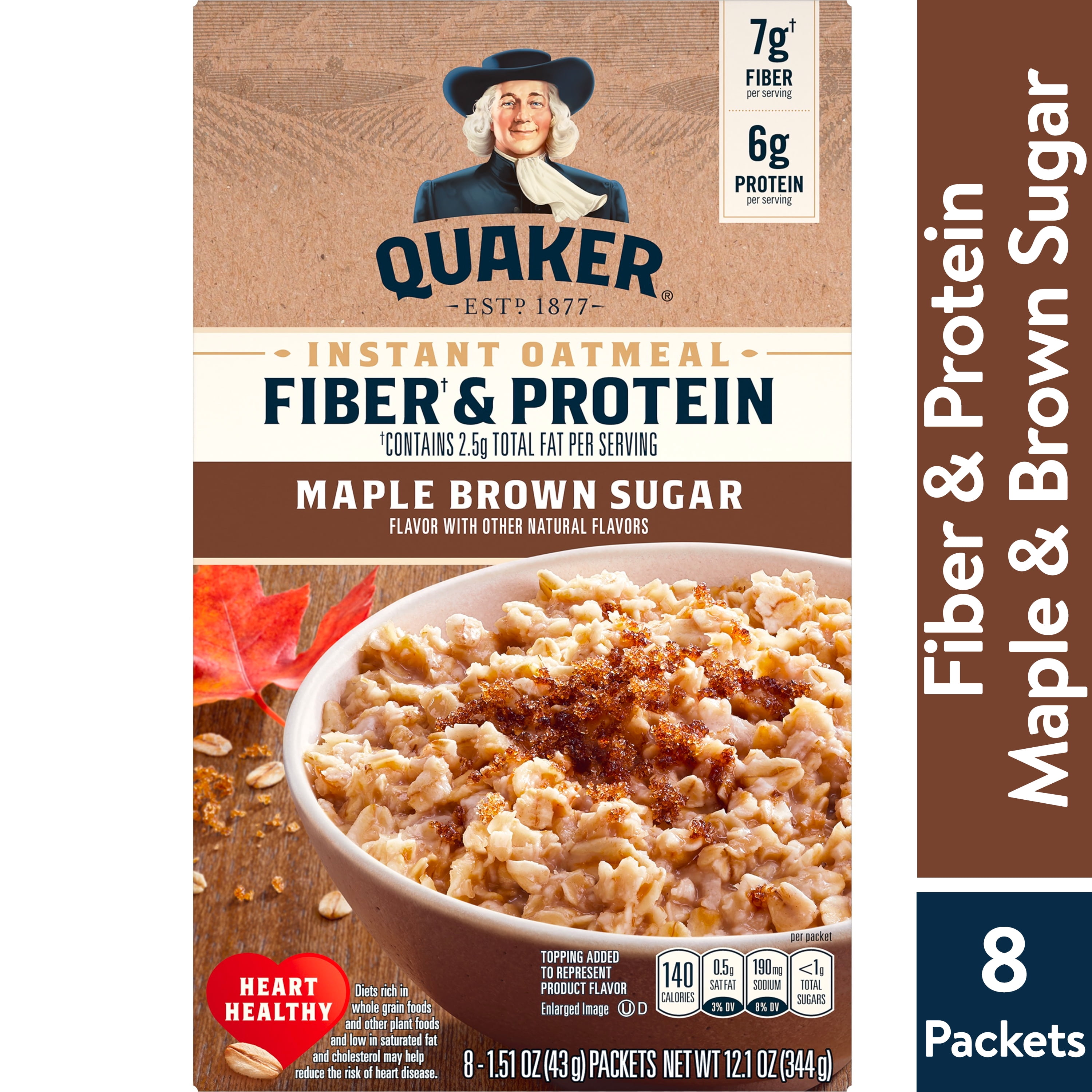 Quaker, Fiber & Protein Instant Oatmeal, Maple & Brown Sugar, 1.51 oz, 8 Packets