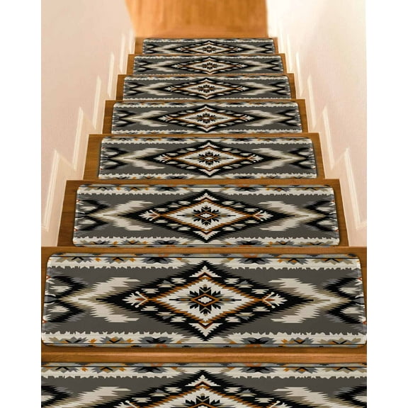 Grey Orange Black Stair Treads for Wooden Steps Indoor Runner Rug Carpet, Boho Ethnic Geometric Southwestern 10 Pieces Peel and Stick Staircase Step Treads Covers Washable Throw Door Mats, 30"x8"
