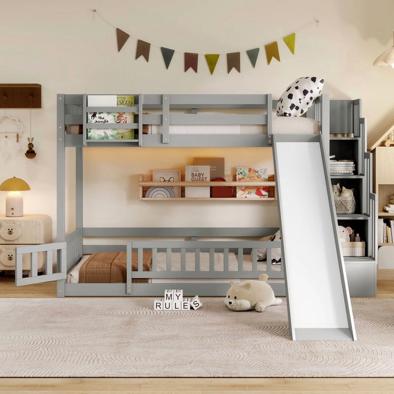 Twin-Over-Twin Bunk Bed with Slide, Storage Staircase & Detachable Rack, Wooden Kids Bed Frame with LED Light & Guardrail