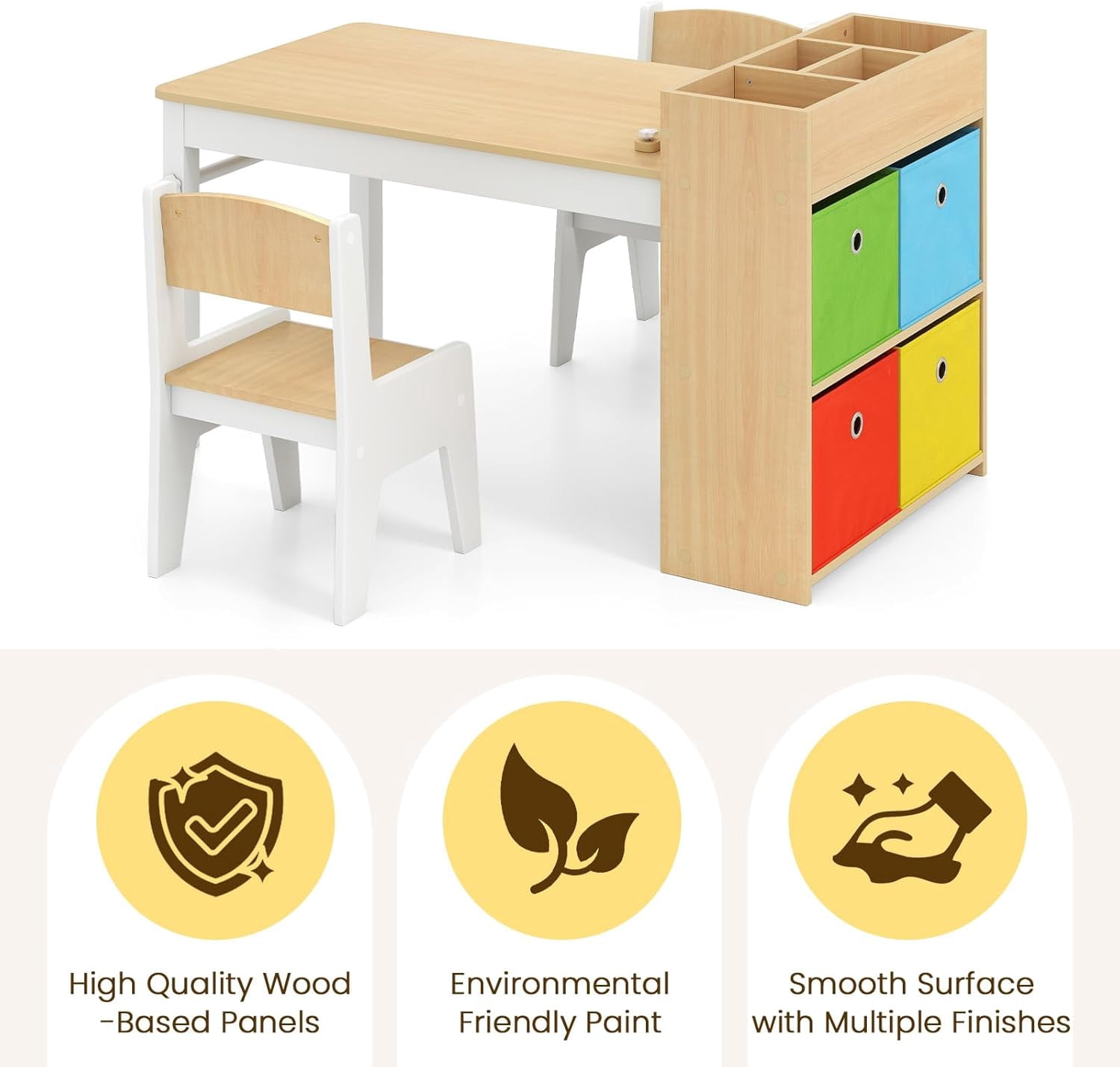 INFANS Kids Table and Chair Set, Toddler Art Craft Play Wood Activity Desk with 2 Chairs 4 Storage Canvas Bins Paper Roll for Writing Drawing, Children Furniture for Daycare Nursery