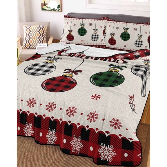 Christmas Balls, Queen Size Down Alternative Comforter, Lightweight Comforter Quilt Bedding Set with Pillow Shams Rustic Farmhouse Plaid Red Black Green All Seasons Bed Comforter Duvet Insert 90"x96"
