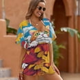 thumbnail image 3 of Autumn Cat Leaves Art Beach Cover Ups Women V Neck Short Sleeve Dress Coverups Beachwear, 3 of 6
