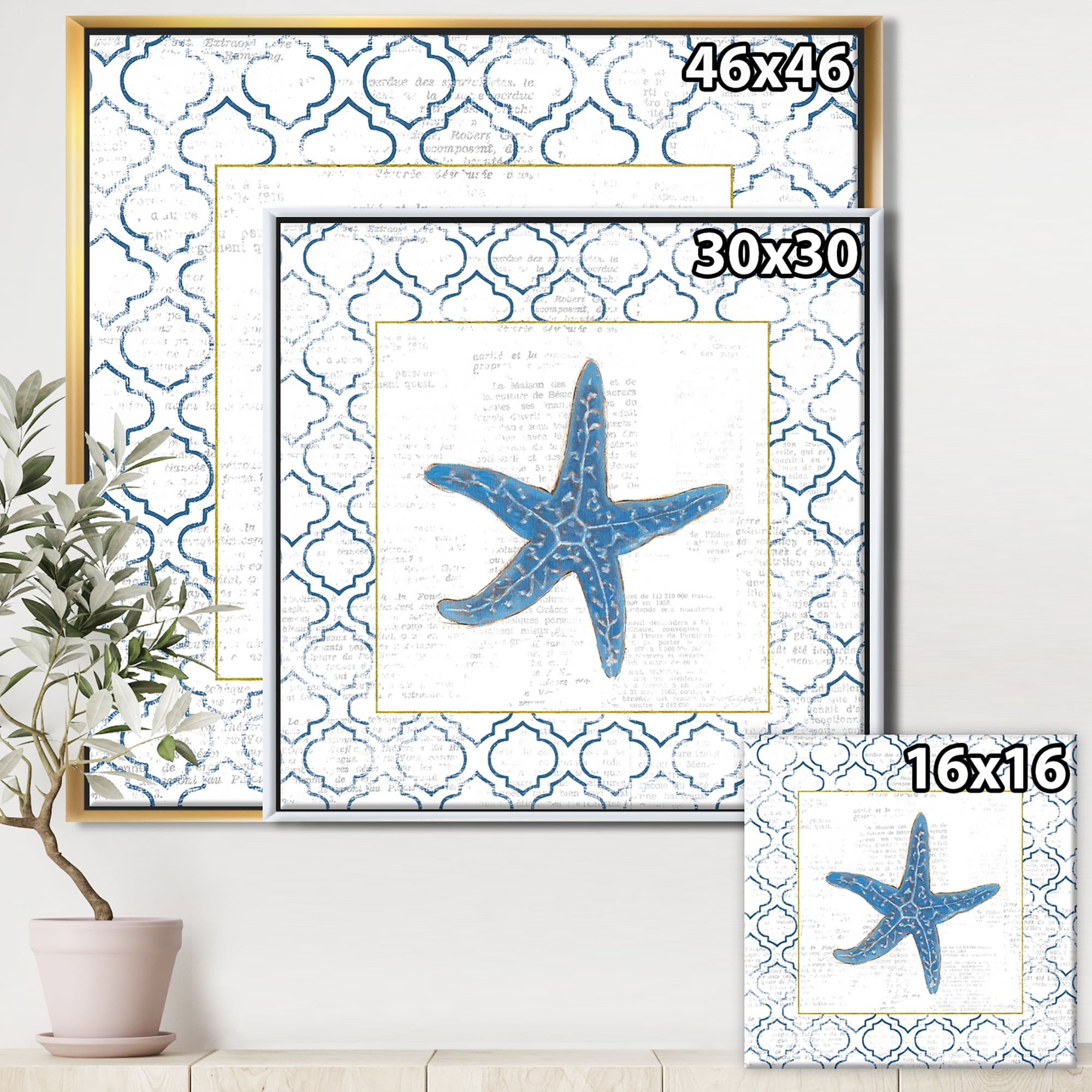 Designart ' Navy Starfish with Gold ' Nautical & Coastal Framed Canvas