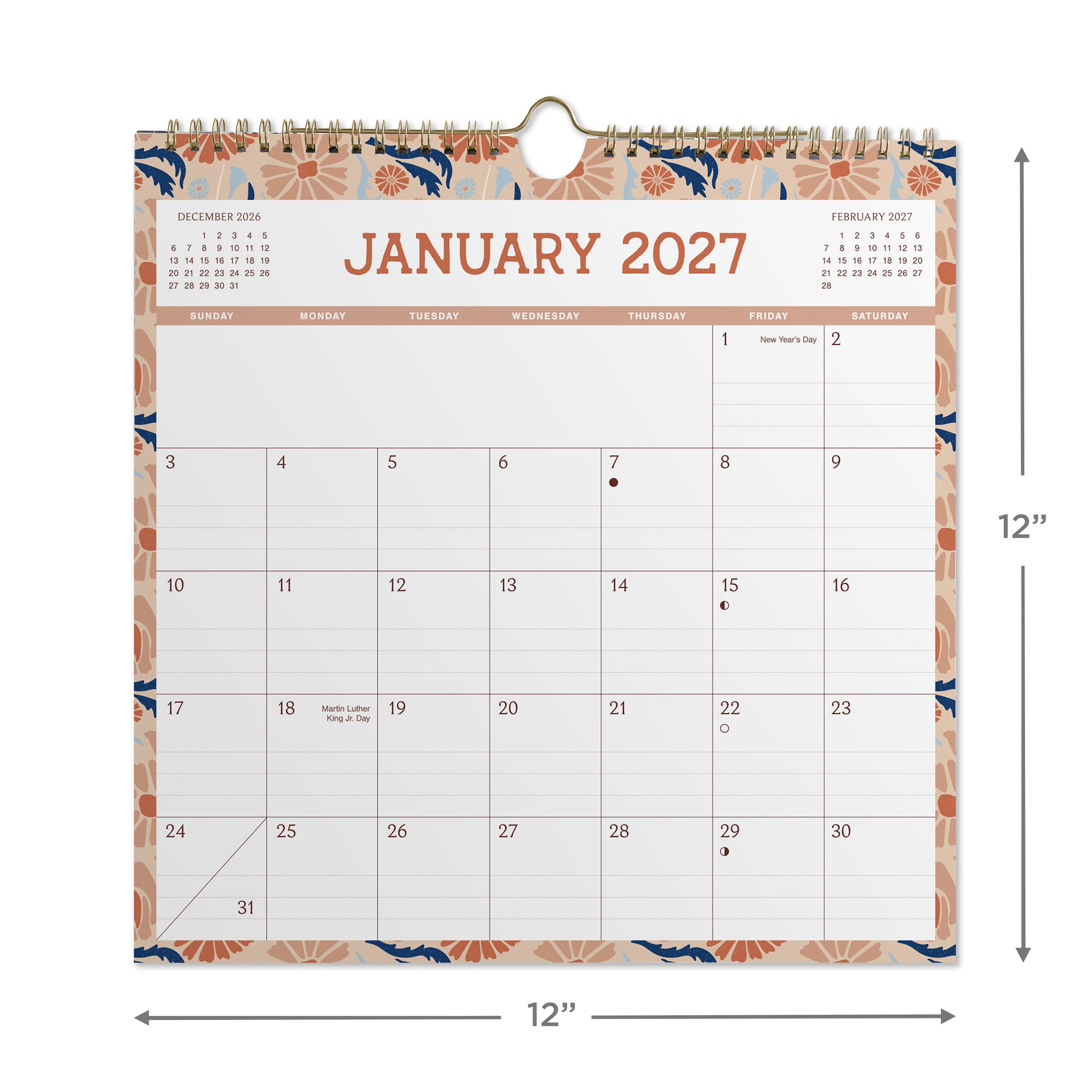 2027 Pen+Gear Pattern Spiral Calendar 12x12 January-December Gridded