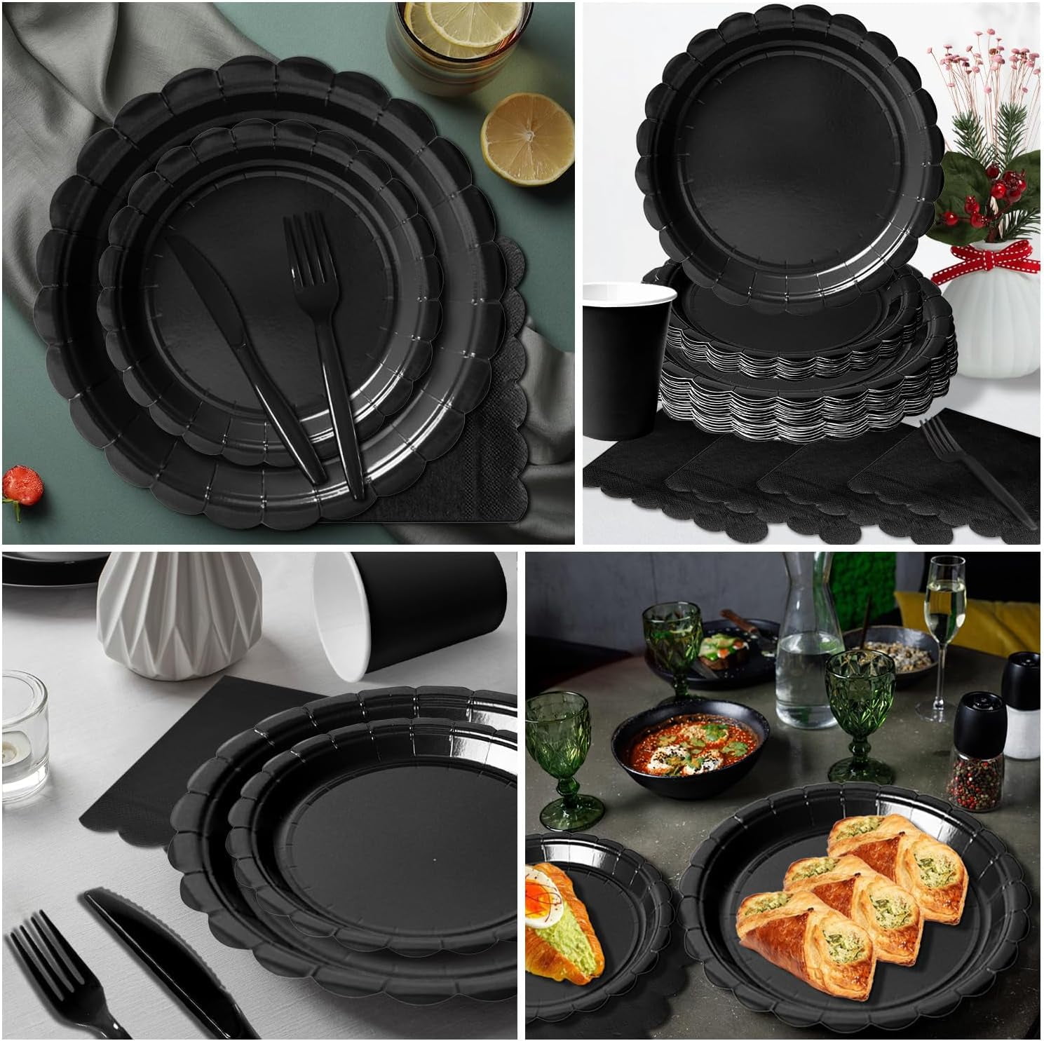 350 Pcs Black Disposable Paper Plates and Napkins Set for 50, 9" Dinner Plates & 7" Dessert Plates, Tableware for Birthday, Graduation, Wedding, Party