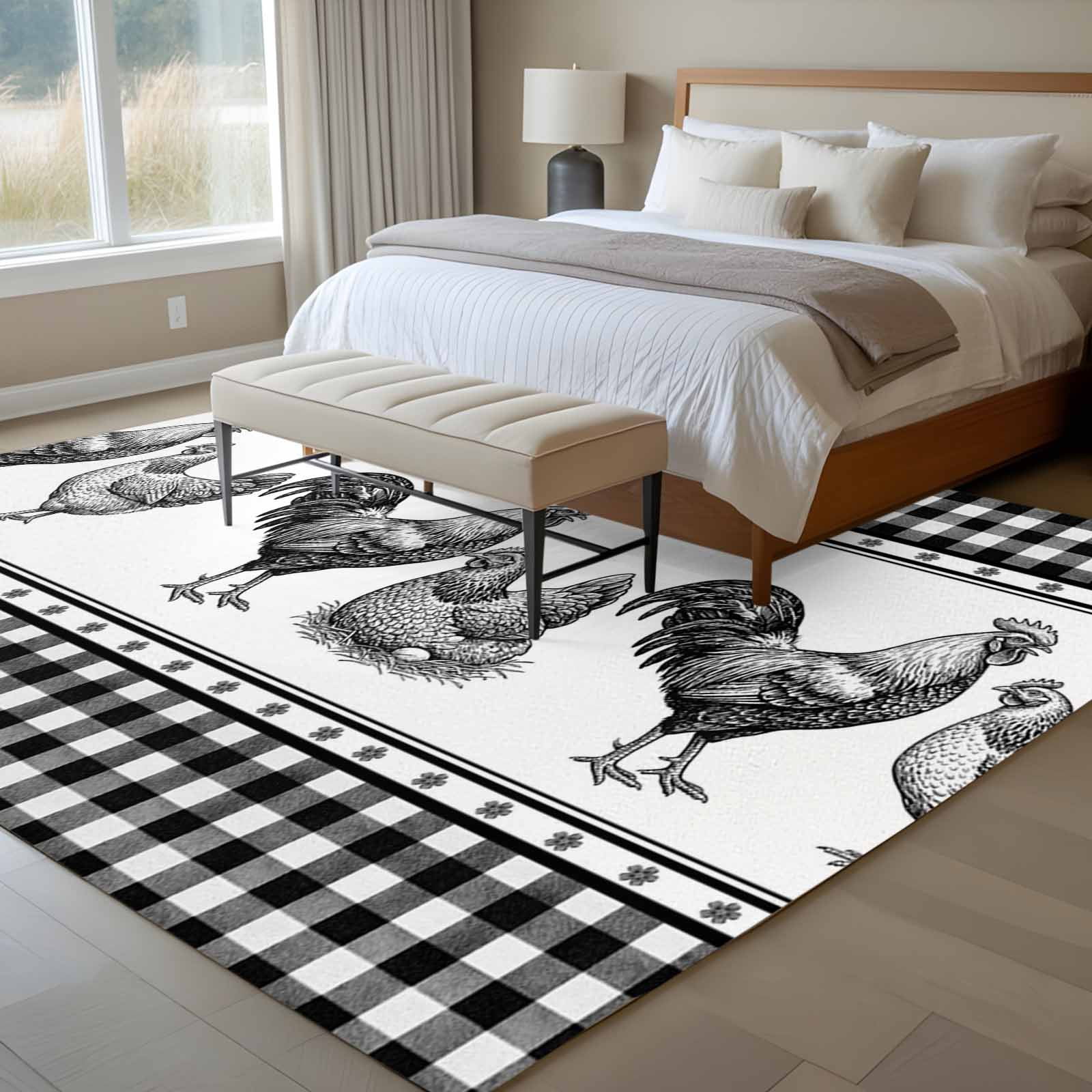 Navy Blue Rooster Area Rugs 5'x8', Washable Small Throw Rugs for Classroom Bedroom, Vintage Farmhouse Black Plaid Indoor Outdoor Rug Non-Slip Low Pile Carpet Runner Reversible Floor Mats