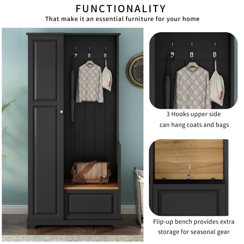 Hall Tree with Flip-Up Bench and Shoe Cabinet, Adjustable Shelves, Hooks, Entryway Mudroom Furniture, Black