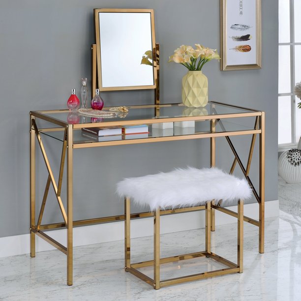 Furniture Of America Nealon Contemporary Style Fur Bench Vanity Set Walmart Com Walmart Com