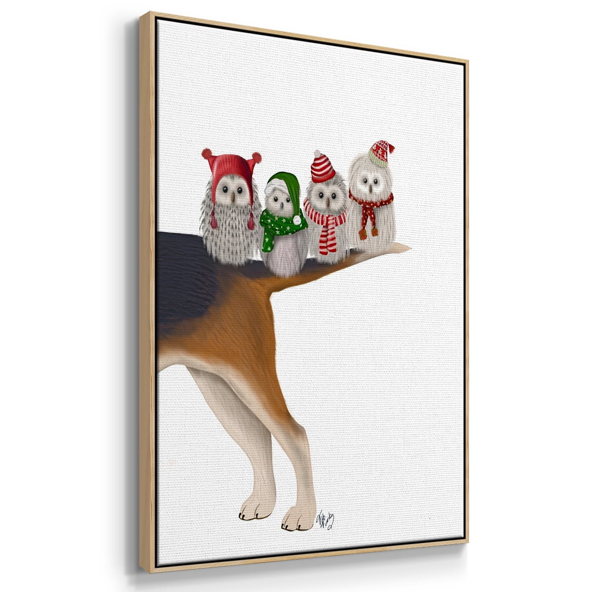 Christmas Bummer Owls - Framed Gallery Wrapped Holiday Canvas - 17 x 25 - Natural Wood Frame