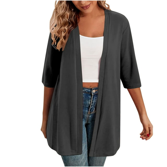 breaise Cardigan Léger Ouvert pour Femmes Manches 3/4 Décontracté Doux Automne Noir m