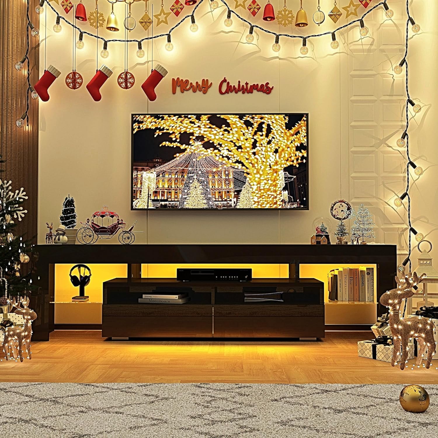 ChVans LED TV Stand for 65/75/85 inch TV, High Glossy Modern Entertainment Center with Drawer and LED Lights(Black)