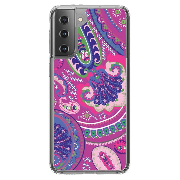 DistinctInk Clear Shockproof Hybrid Case for Galaxy S21  PLUS 5G (6.7" Screen) - TPU Bumper, Acrylic Back, Tempered Glass Screen Protector - Pink Purple Green Paisley