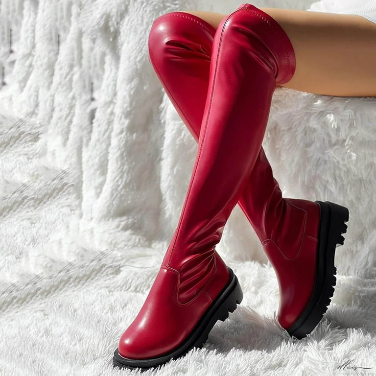 Burju Shoes Red Lycra Thigh High Boots Knee High Boots Red Bottom