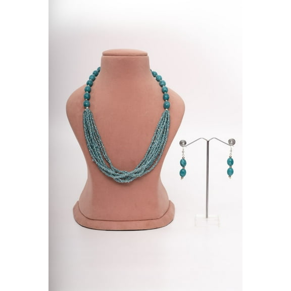 De-Lemon Turquoise Seed Bead Multi-Strand Necklace & Earrings Set - Layered Statement Jewelry