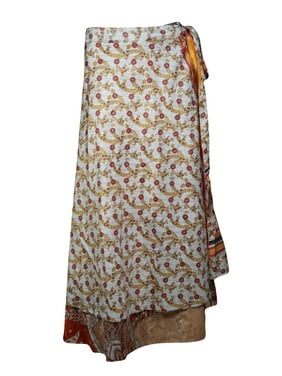 Mogul Women White,Beige Vintage Silk Sari Magic Wrap Skirt Reversible Printed 2 Layer Sarong Beach Wear Cover Up Long Skirts One Size