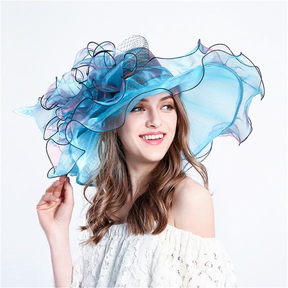 Elegant Wide Brim Sun Hat for Women with Floral Organza Trim - Perfect for Weddings, Tea Parties, and Outdoor Events