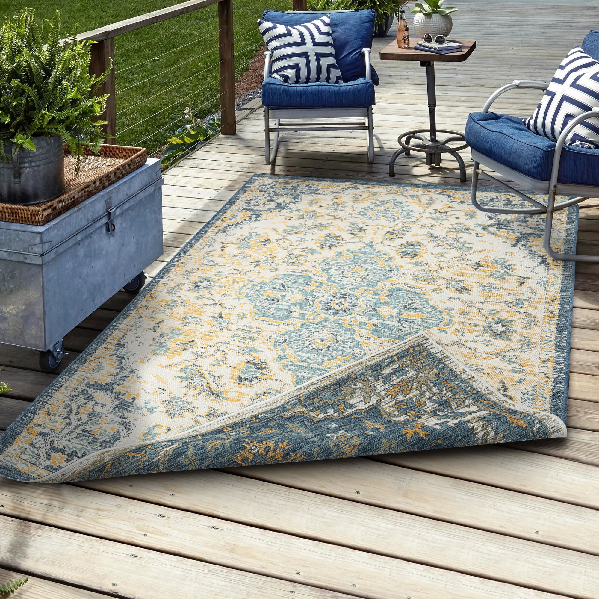 Ox Bay Cara 5'3" x 7' Blue/Orange Medallion Indoor/Outdoor Reversible Area Rug
