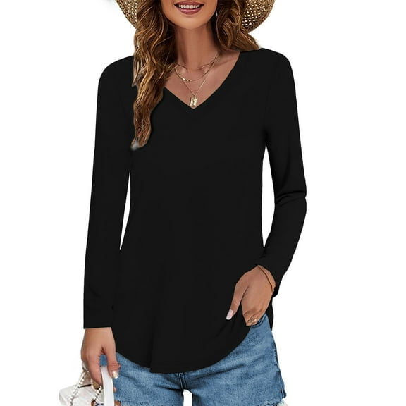 T Shirts for Women, Womens T Shirts V Neck Summer Short/Long Sleeve Cotton Tops Tees, Black Xl