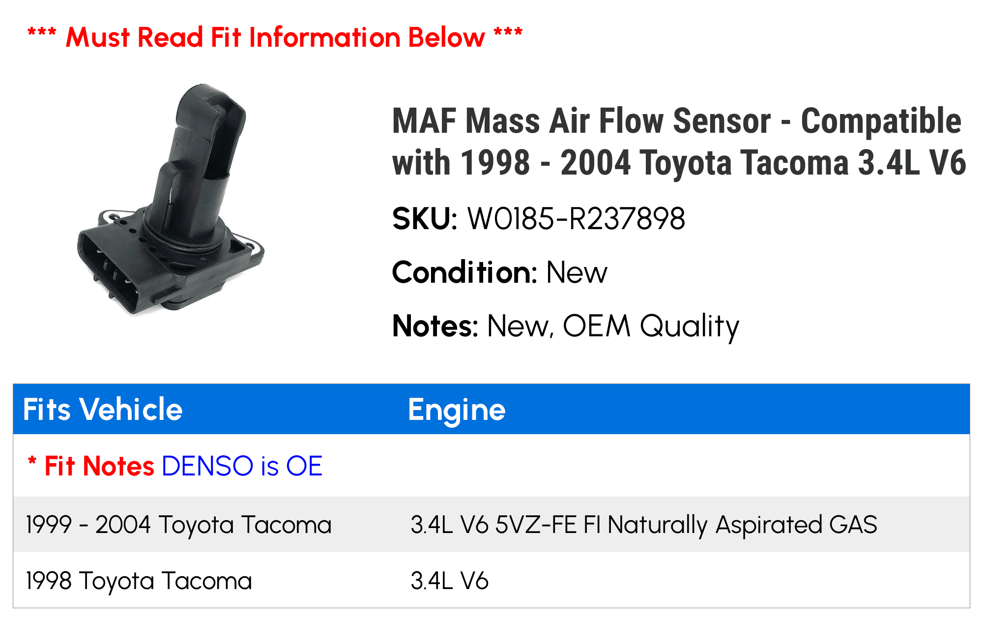 MAF Mass Air Flow Sensor - Compatible with 1998 - 2004 Toyota Tacoma 3.4L V6 1999 2000 2001 2002 2003