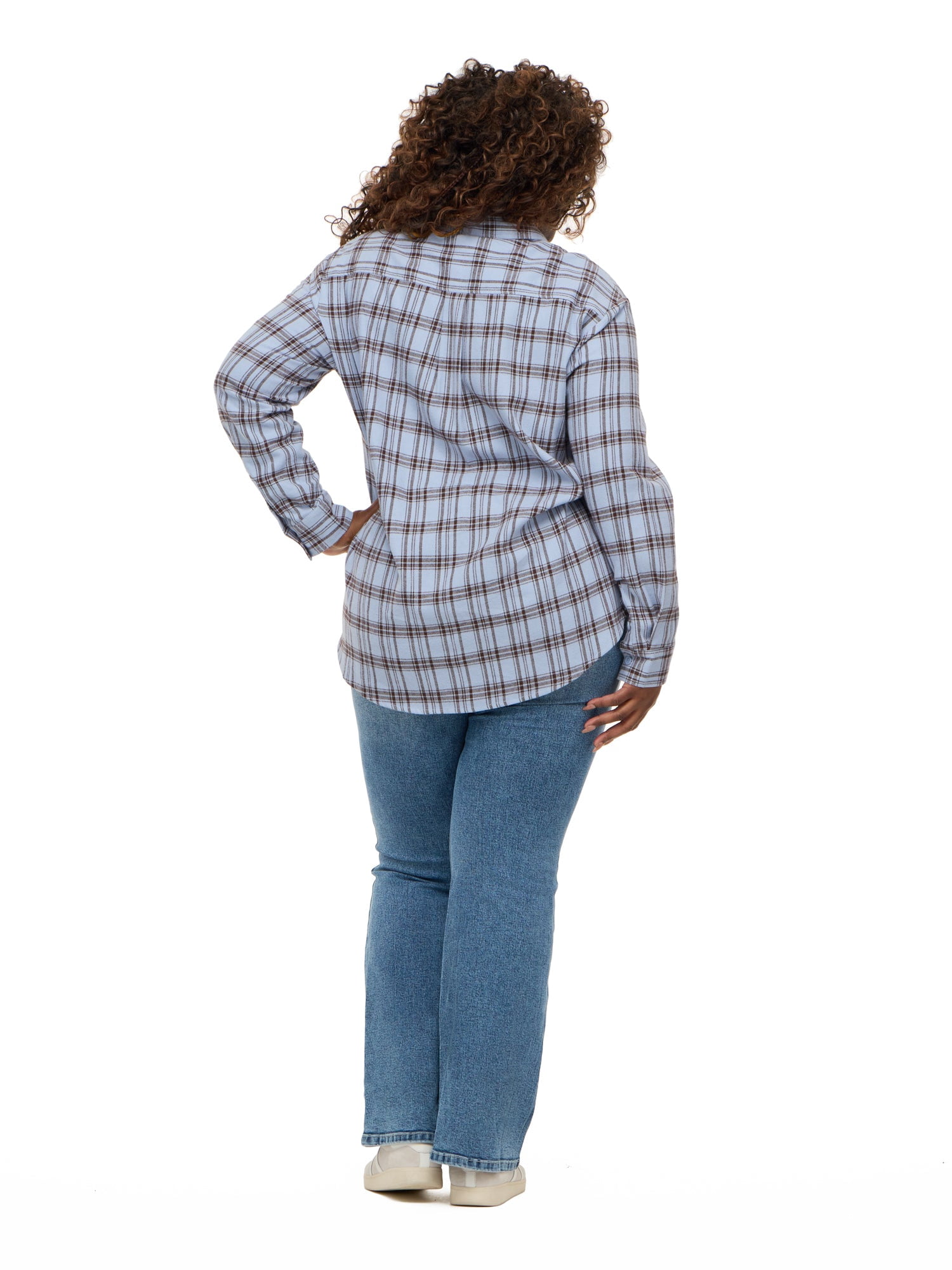 Forever 21 Women's Oversized Plaid Brushed Flannel Shirt with Patch Pockets, Long Sleeve 100% Cotton, Blue Plaid, XXS-4X