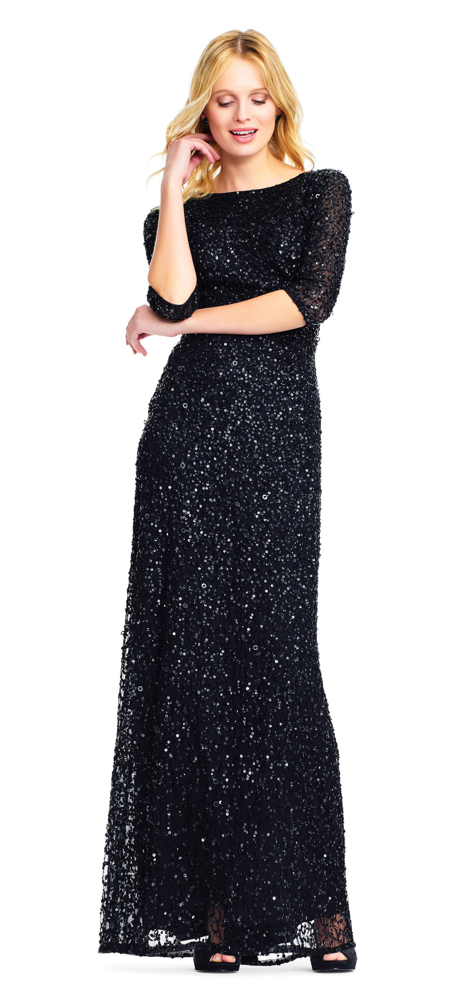 adrianna papell scoop back sequin gown 3/4 sleeve