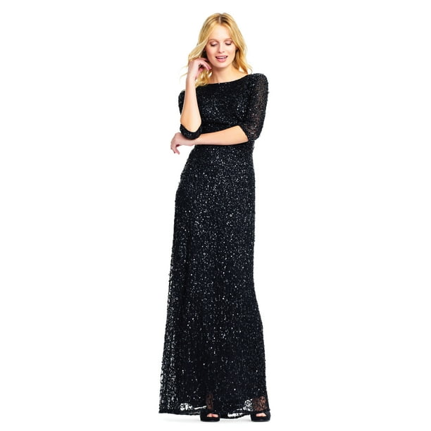 Adrianna Papell 3/4-Sleeve Scoop-Back Sequin Gown Dress -