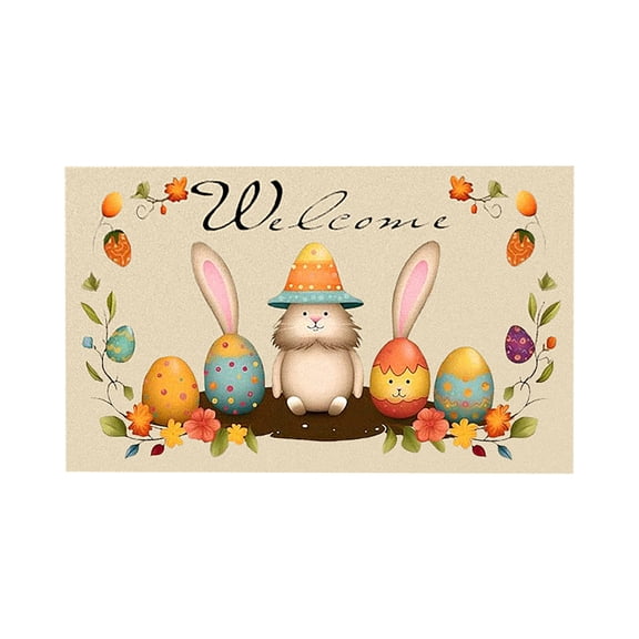 Easter Bunny Floral Egg Door Mat, Bunny Rabbit Flower Welcome Front Door Mat Indoor Outdoor Entrance, Easter Door Mats Rugs for Porch Entryway Decor