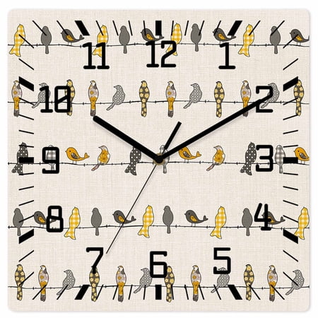 Yellow Grey Plaid Wooden Wall Clock Silent Non Ticking, Farmhouse Burlap Spring Floral Birds Square Wall Clocks Battery Operated, Decor Clock for Home Office, Living Room, Kitchen, 10 Inch