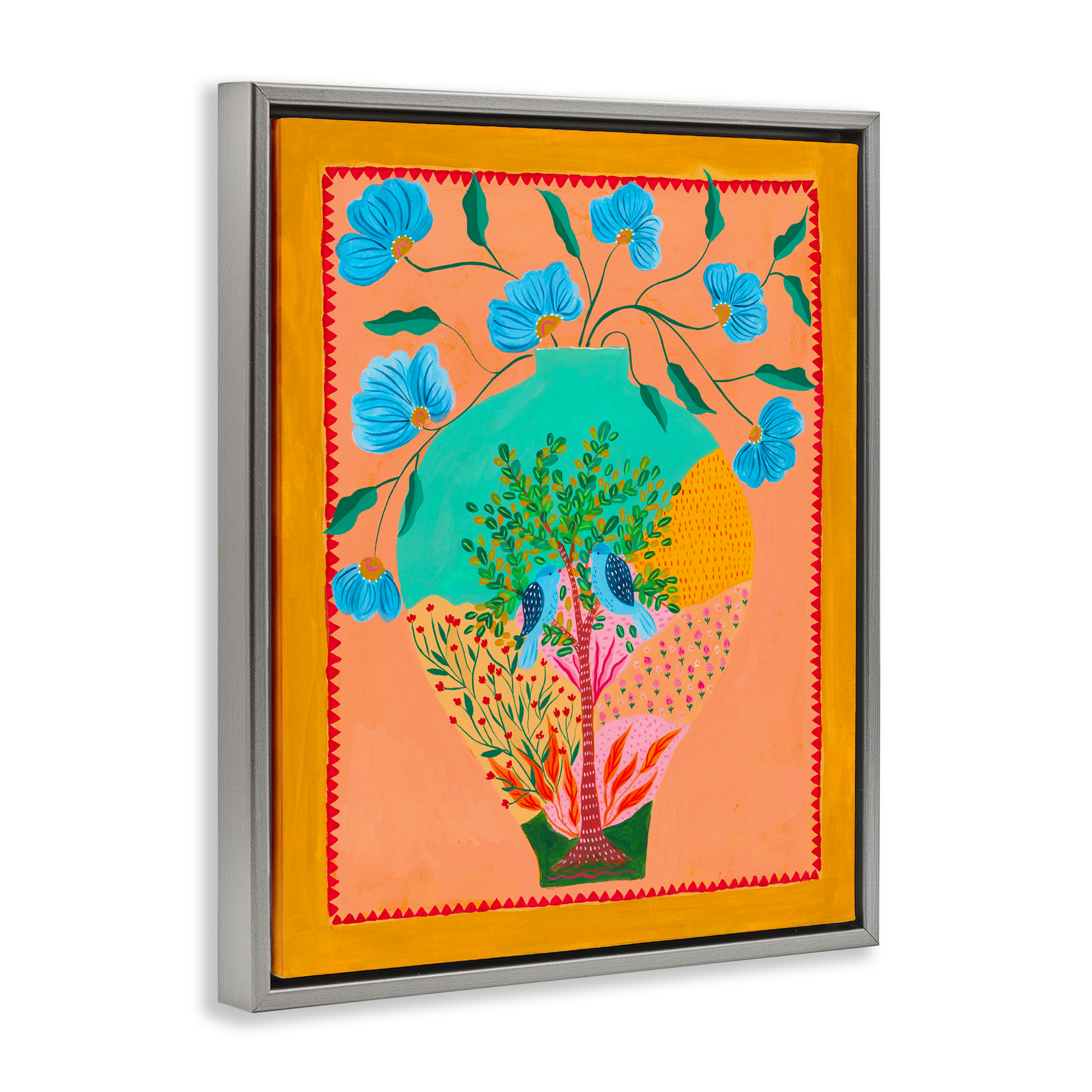 Bluebirds & Boho Flower Vase Gray Framed Floater Canvas Wall Art, design by Nabeela Rumi