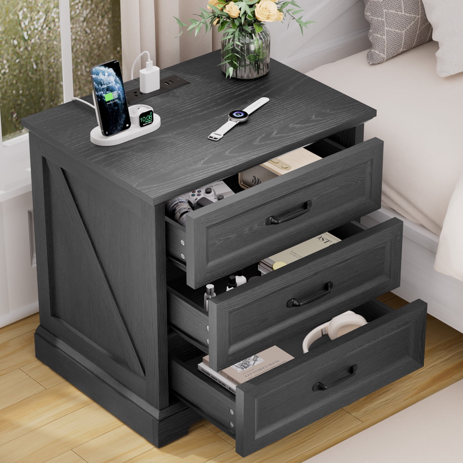 Hommpa Farmhouse 3 Drawers Nightstand with Charging Station, Rustic Wood Night Stand with Drawers for Bedroom, Vintage Bedside Table Small Dresser Chest of Drawers for Living Room, Black